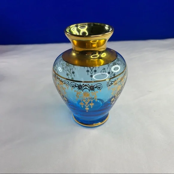 Light Blue Vecchia Murano Art Glass Vases - 5” tall - 24k gold leaf